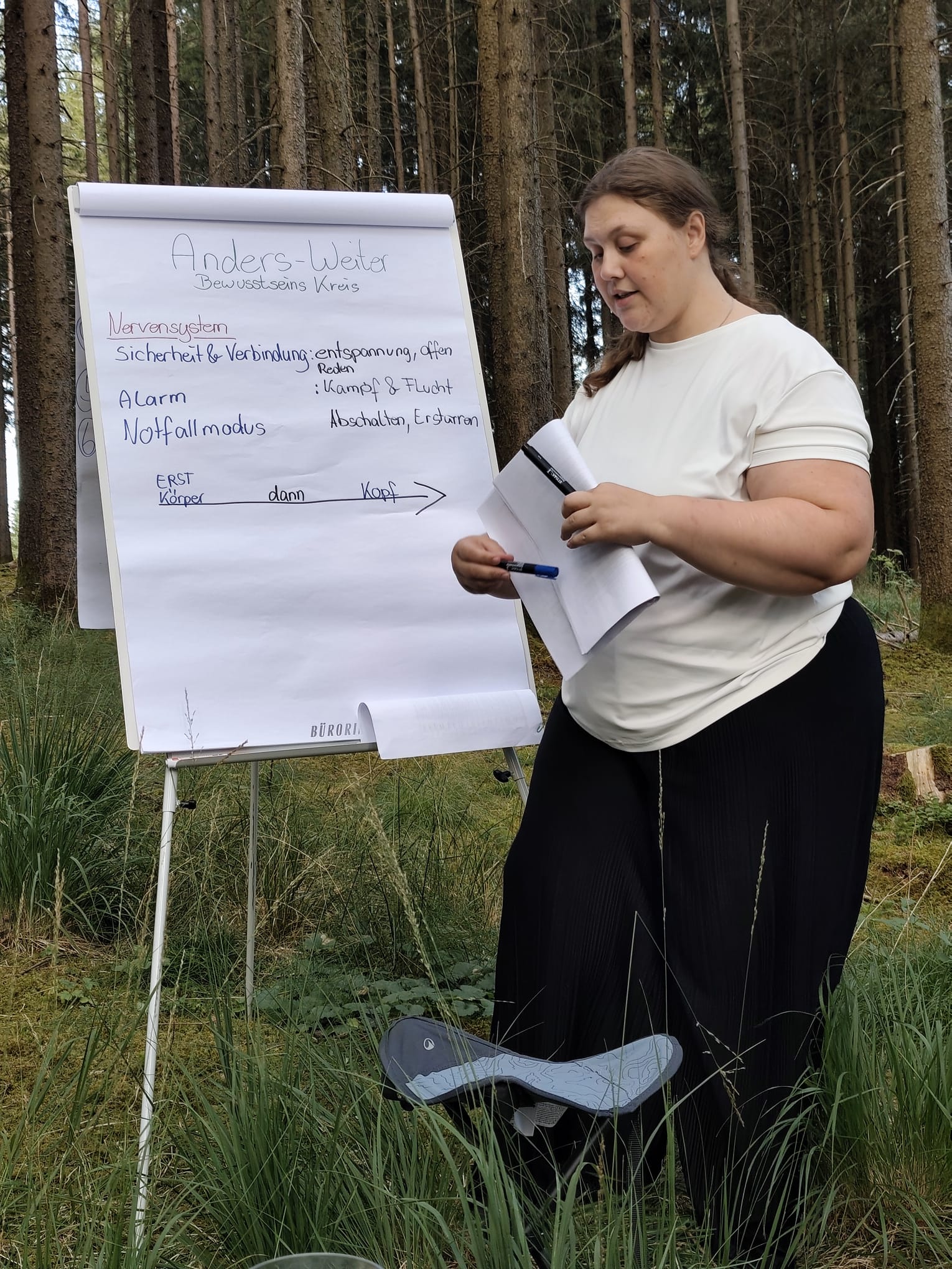 Nathalie leitet den Bewusstseinskreis im Wald, am Flipchart