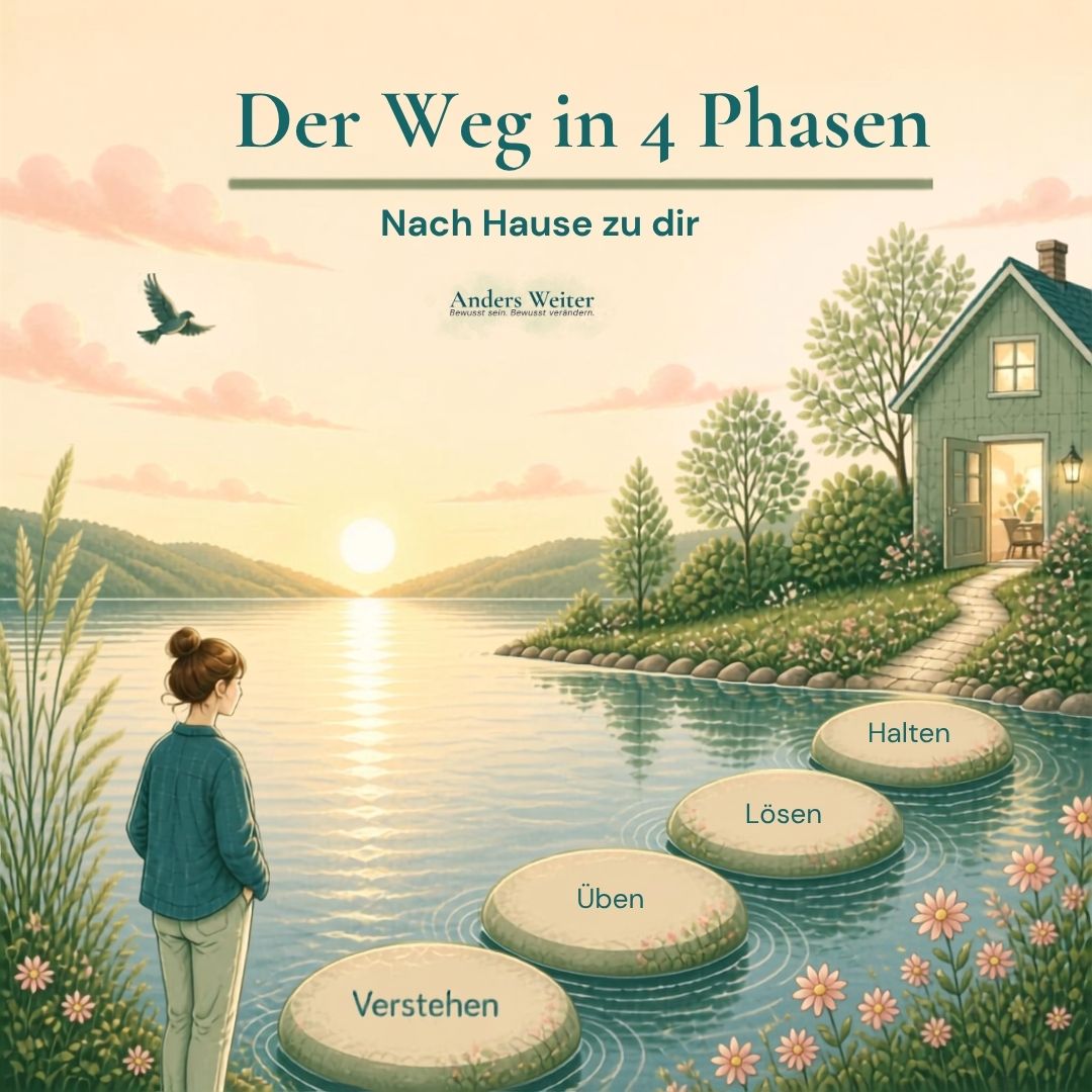 Aquarell: vier ineinander übergehende Phasen eines Weges, von unruhigem Wasser hin zu ruhiger Küste.