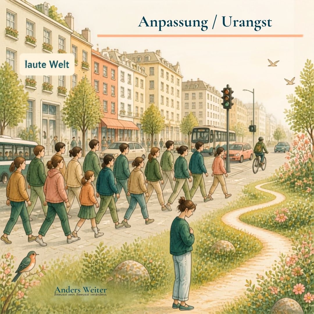 Aquarell: eine Menschenmenge geht in einer Stadt in dieselbe Richtung, eine Person bleibt am Rand stehen und schaut zu einem stillen Pfad, der ins Grüne führt.