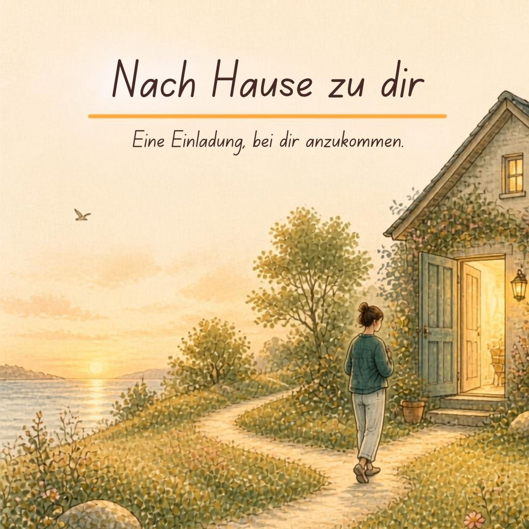 Aquarell: ein Pfad führt bei Abendlicht am Wasser entlang zu einem kleinen Haus mit offener, warm beleuchteter Tür. Untertitel: Eine Einladung, bei dir anzukommen.