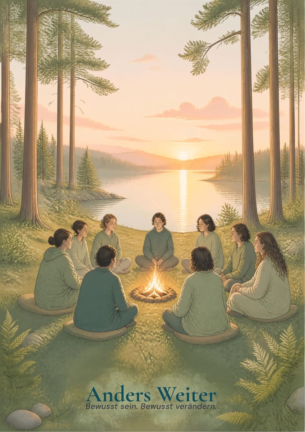 Aquarell: ein kleiner Kreis von Menschen sitzt in einer Waldlichtung um ein warmes Feuer, dahinter ein See im Abendlicht.