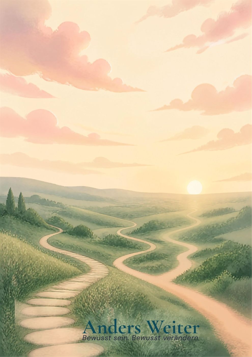 Aquarell: mehrere weiche Pfade schlängeln sich durch eine ruhige Hügellandschaft auf einen Sonnenaufgang zu.