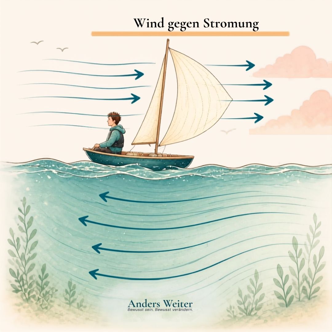 Aquarell: ein Segelboot. Über Wasser drücken Windpfeile nach rechts, unter Wasser ziehen Strömungspfeile nach links.